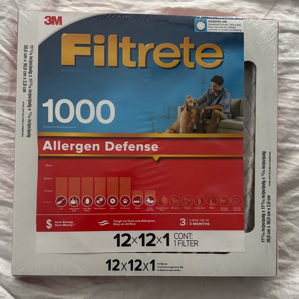3M Filtrete Three Pack 1000 MERV rated Allergen Defense air filters size 12x12x1
